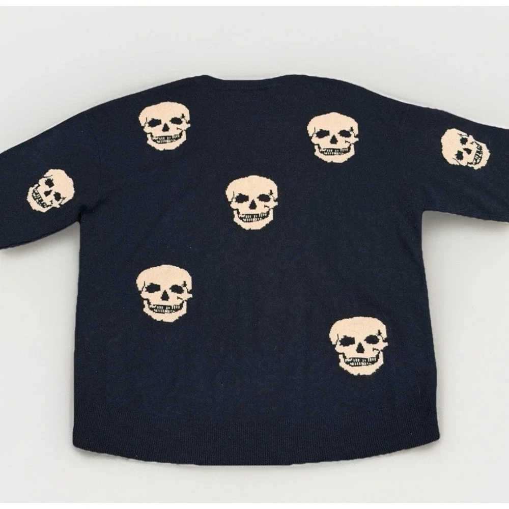 Skull Cashmere 100% Cashmere Crewneck Sweater‎ Navy Blue Skull All Over Size L